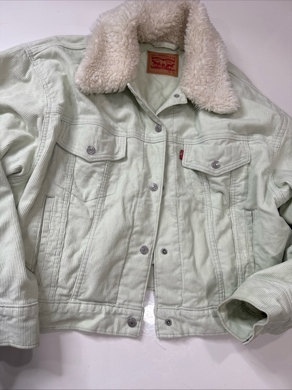 Levi's Corduroy Jacket Womens XL Mint Green Sherpa Collar Lined Snap Front